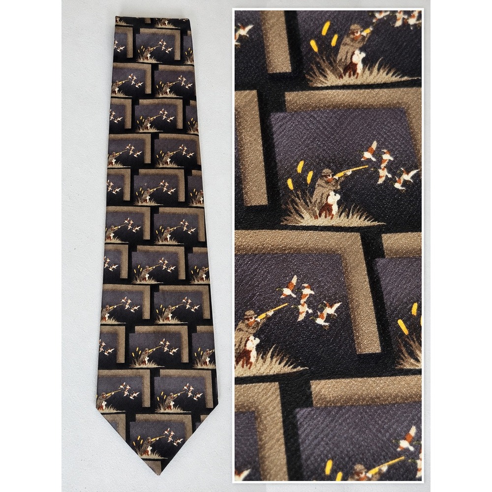 American Lifestyle Necktie Men Black Silk Duck Hunting Scene Novelty Office